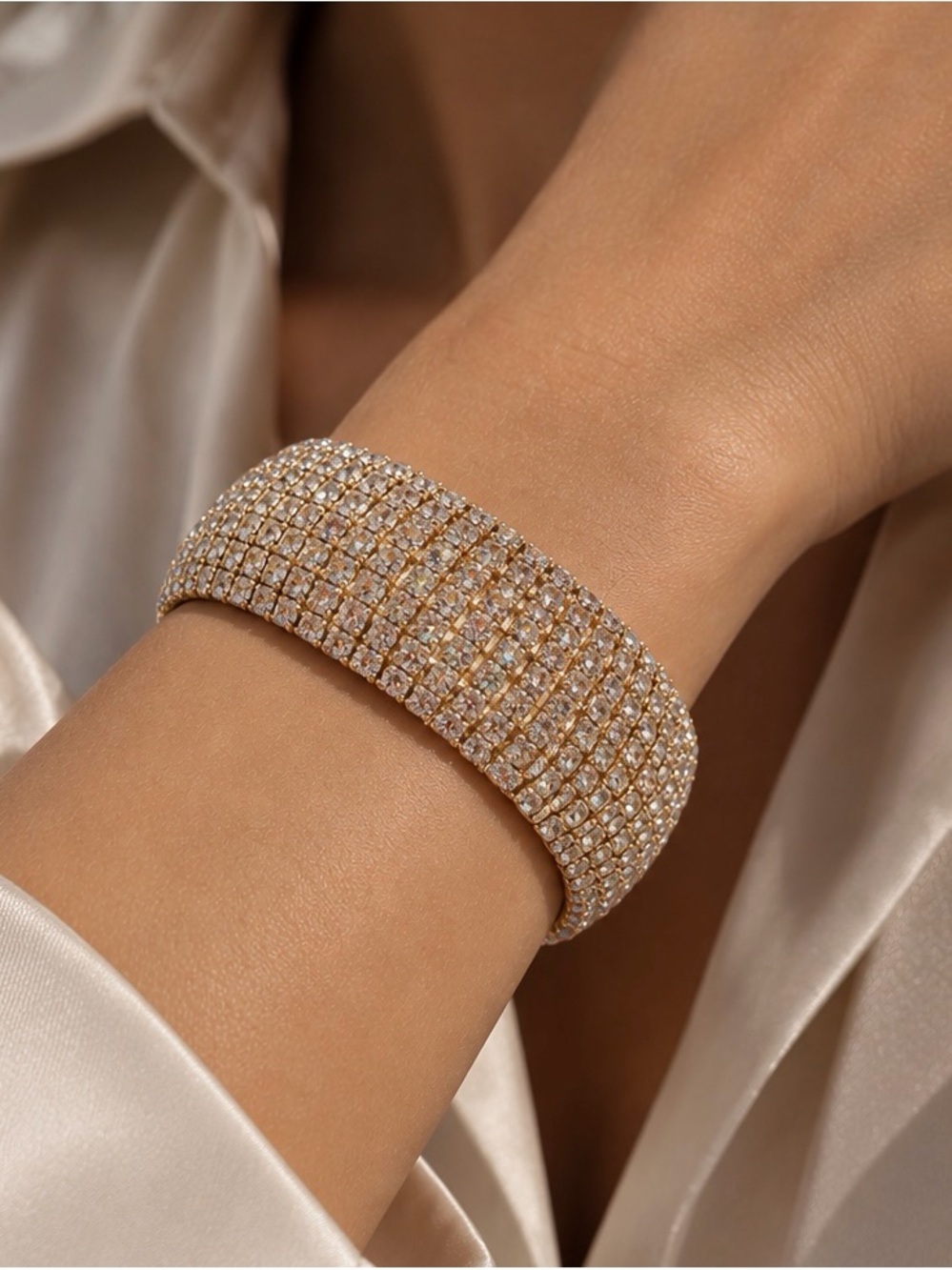 Gold Crystal Cuff Bracelet Wide Rhinestone Tennis Bracelet